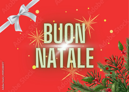 Cartolina rossa di buon Natale con agrifoglio e stelle photo