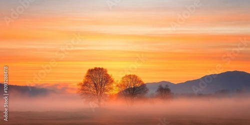 Tranquil sunrise over misty mountains with silhouetted trees in golden hues.