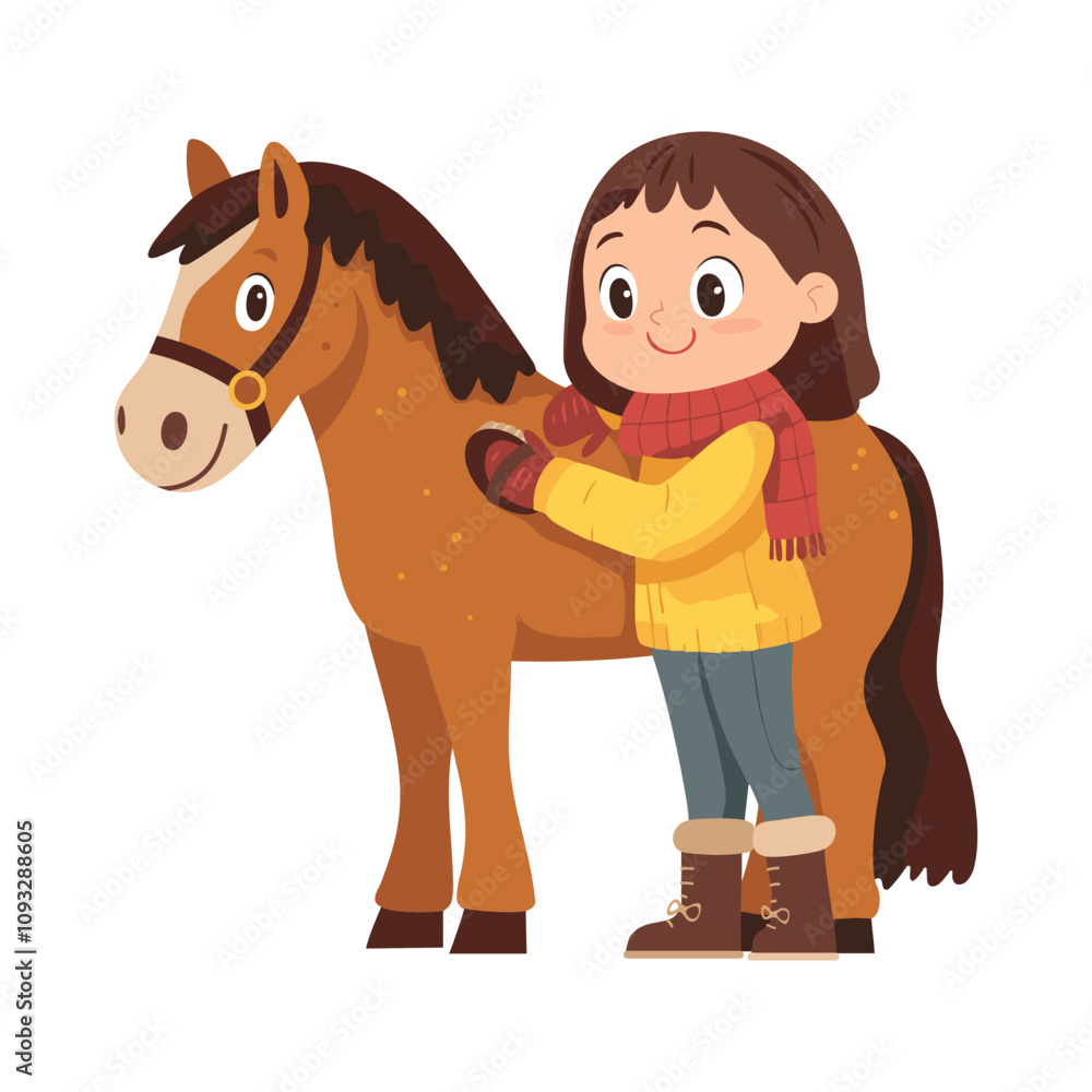 Cute girl brushing a brown horse, both looking happy, on a white background Cute girl brushing a brown horse, both looking happy, on a white background