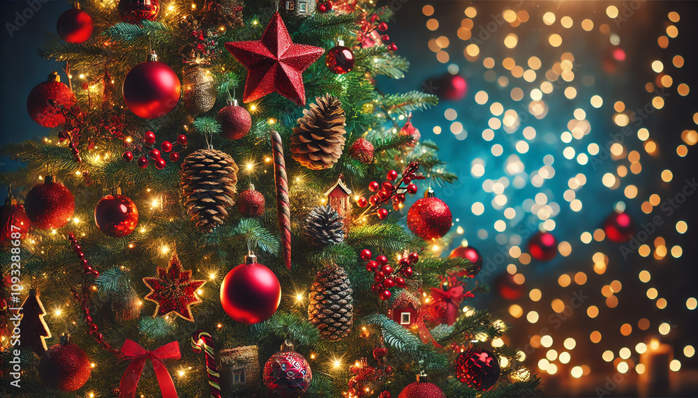 A decorated Christmas tree adorned with red ornaments, pine cones, twinkling lights, and various festive decorations, including a star ornament A decorated Christmas tree adorned with red ornaments, pine cones, twinkling lights, and various festive decorations, including a star ornament