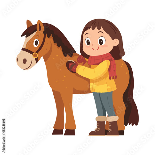 Cute girl brushing a brown horse, both looking happy, on a white background  