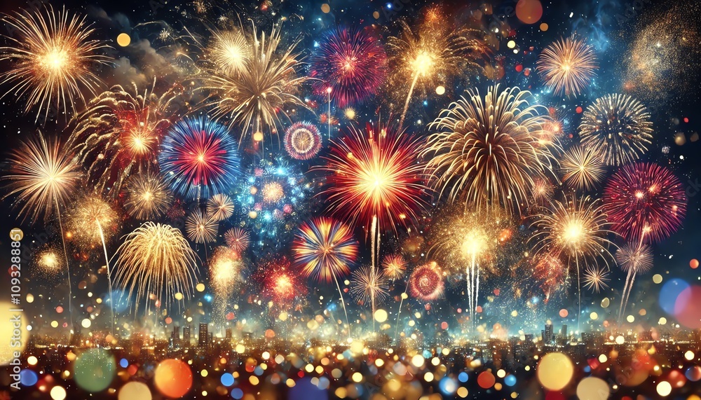 An image featuring a sparkling, golden surface in the foreground with a festive backdrop of fireworks lighting up the night sky An image featuring a sparkling, golden surface in the foreground with a festive backdrop of fireworks lighting up the night sky