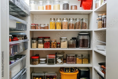 Organized pantry shelves with labeled jars and containers