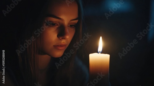 Young Woman Contemplating Light from Candle in Dimly Lit Room, Capturing Introspection and Serenity in a Quiet Moment of Reflection and Solitude photo