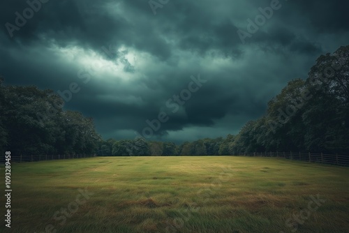 A lush green field bordered by trees under an ominous, dark overcast sky, suggesting an impending storm, with dramatic clouds casting shadows over the tranquil landscape