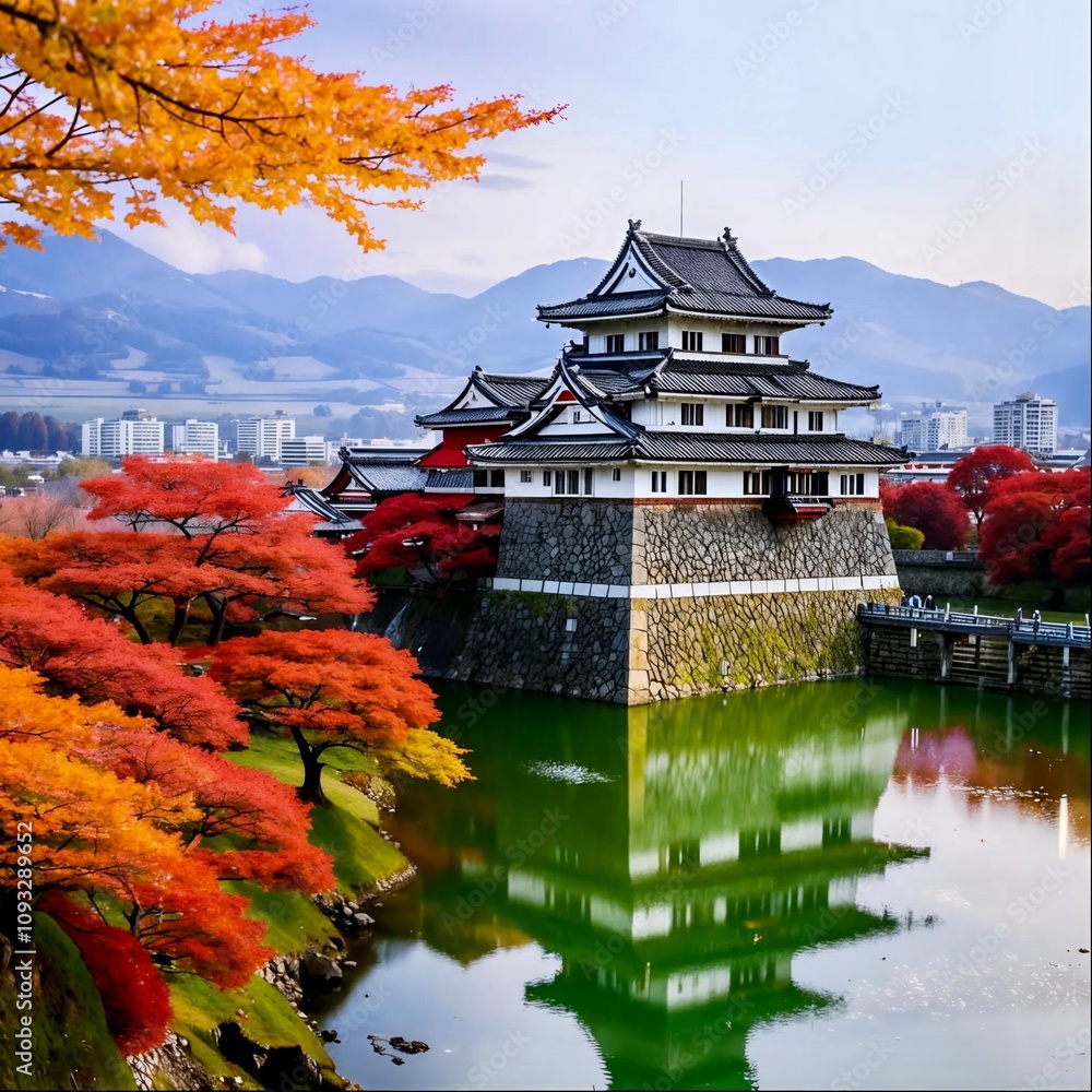 Obraz premium A stunning Japanese castle surrounded by vibrant autumn foliage in shades of red, orange, and yellow