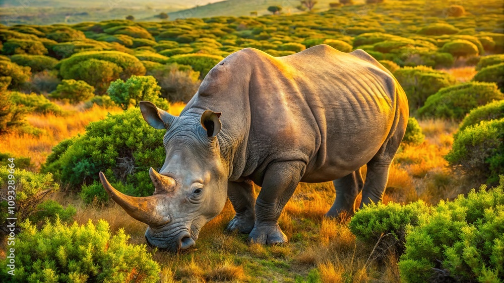 Fototapeta premium Rhinoceros Grazing Aerial View, Wildlife Photography, Safari, Nature