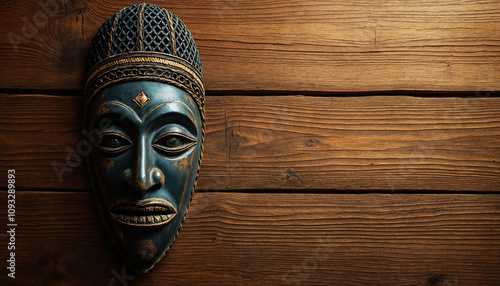 Traditional African mask displayed on a wooden background, showcasing intricate craftsmanship and cultural significance 