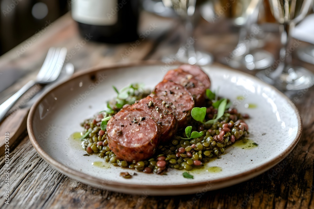 Sliced Morteau sausage, saucisse de Morteau, on creamy green lentils, plated on white ceramic, set on a rustic wooden table in a cozy French tavern ambiance Sliced Morteau sausage, saucisse de Morteau, on creamy green lentils, plated on white ceramic, set on a rustic wooden table in a cozy French tavern ambiance