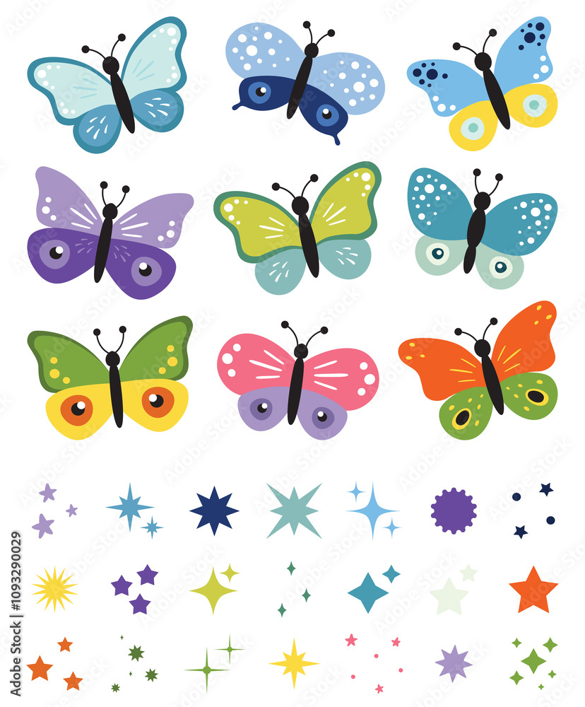 Set of color butterflies, collection of silhouettes. Butterfly colorful, flying shape, vector design. Abstract modern monarch butterfly contours for decoration. Magical sparkle, glow, stars, shine set Set of color butterflies, collection of silhouettes. Butterfly colorful, flying shape, vector design. Abstract modern monarch butterfly contours for decoration. Magical sparkle, glow, stars, shine set