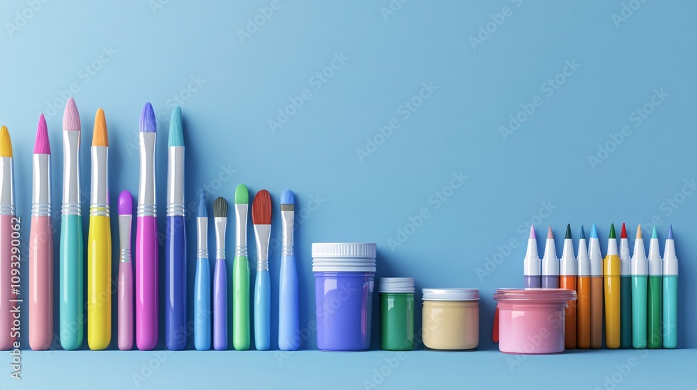 Fototapeta premium Vibrant Array of Colorful Art Supplies in a Clean Design with Copy Space