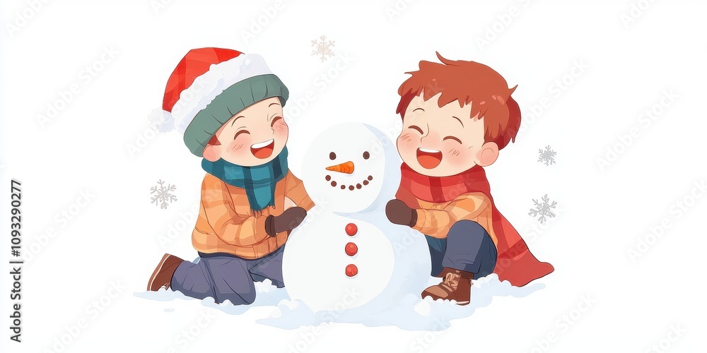 Two joyful boys building a snowman during a cheerful winter day. Two joyful boys building a snowman during a cheerful winter day.