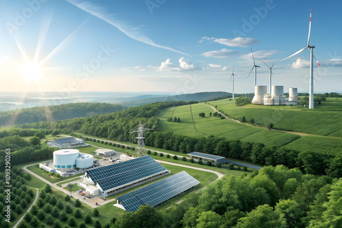 A high-tech green energy facility in a futuristic landscape, with solar panels,