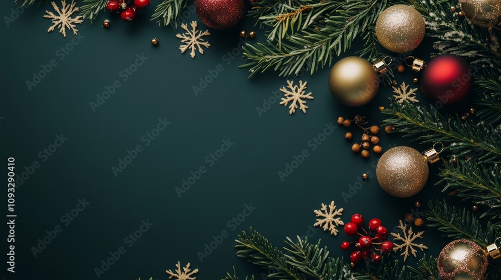 green christmas background with fir branches and cones, ornaments, christmas border frame green christmas background with fir branches and cones, ornaments, christmas border frame