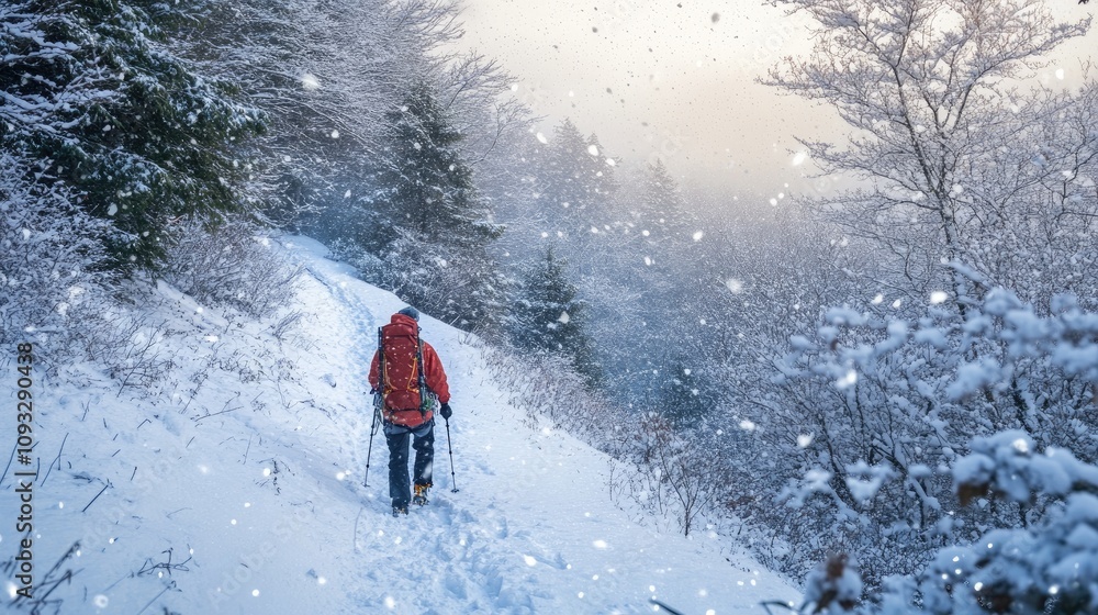 Adventurer Trekking Through a Snowy Forest Trail Surrounded by Droplets of Falling Snow in a Winter Wonderland Landscape Adventurer Trekking Through a Snowy Forest Trail Surrounded by Droplets of Falling Snow in a Winter Wonderland Landscape
