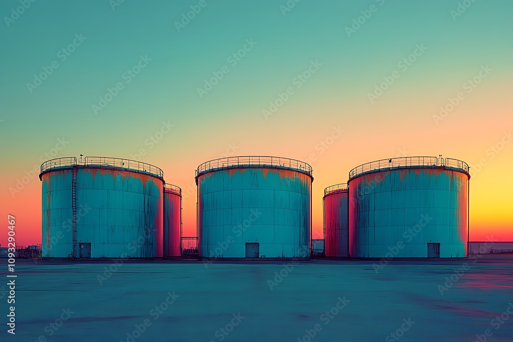 Industrial tanks at a refinery plant against a colorful sunset sky Industrial tanks at a refinery plant against a colorful sunset sky