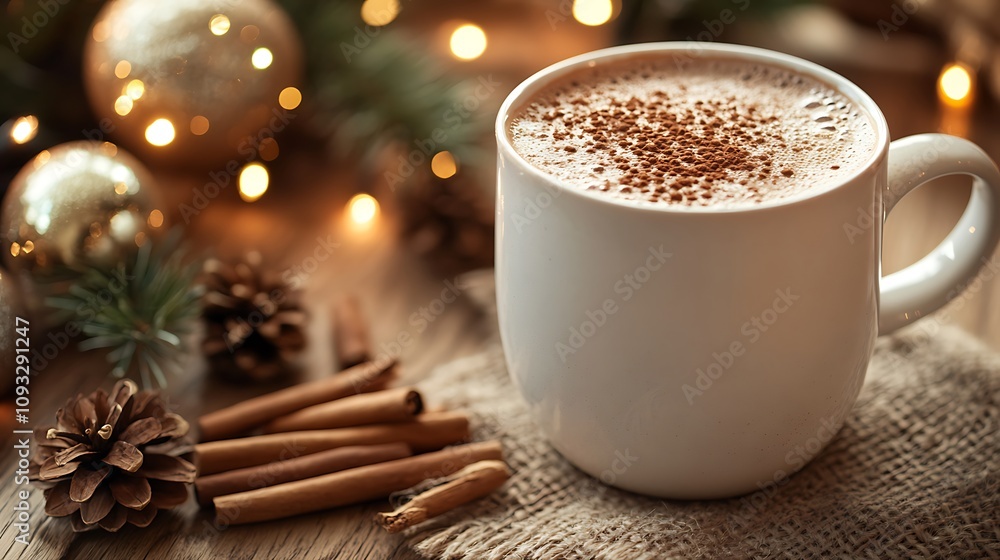 Warm holiday setup with a steaming mug of hot chocolate cinnamon sticks and a soft glowing backdrop of holiday decor Warm holiday setup with a steaming mug of hot chocolate cinnamon sticks and a soft glowing backdrop of holiday decor