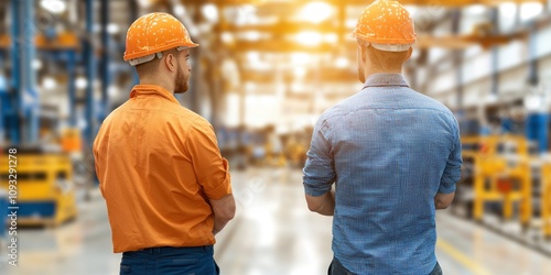 Two workers in safety helmets observe operations in a modern industrial facility. photo