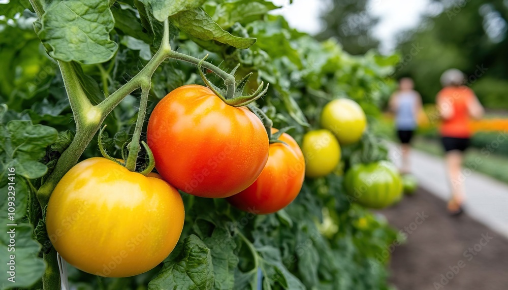 Ripe tomatoes in various colors growing on a vine in a garden, with people walking in the background, showcasing a vibrant agricultural scene.