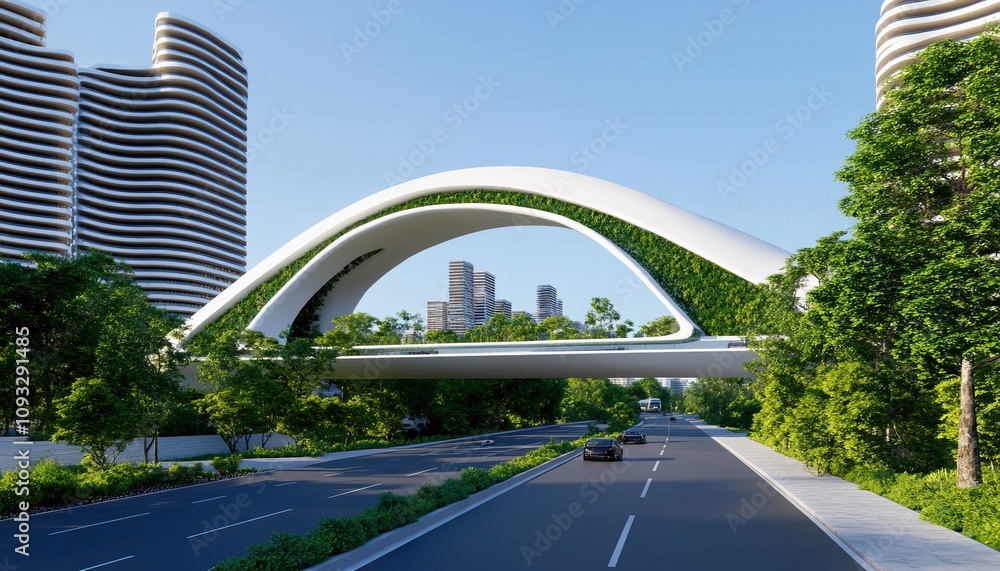 Fototapeta premium A modern architectural design featuring a green, curved bridge over a road, surrounded by urban buildings and lush greenery.