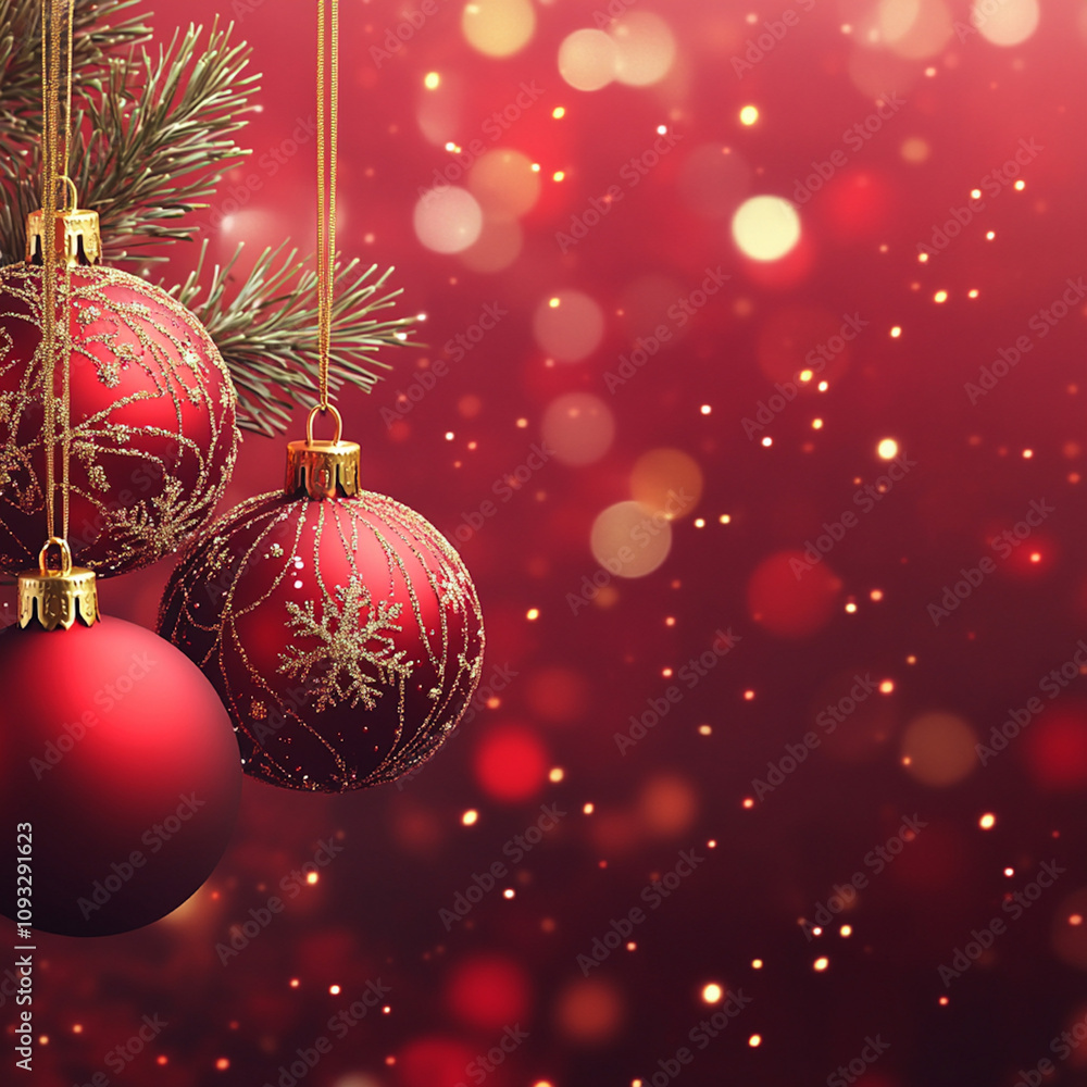 Christmas background with red ornaments hanging by pine branches. Room for text Christmas background with red ornaments hanging by pine branches. Room for text