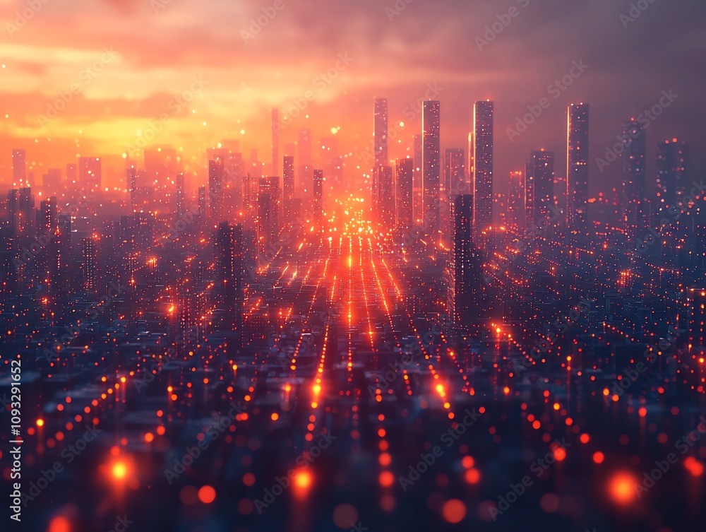 Obraz premium Futuristic Skyline with Quantum Internet Signals Flowing Through the Air Glowing Data Waves in Minimalist Background