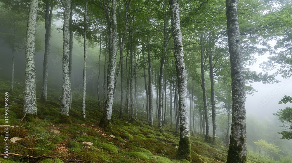 Obraz premium Misty birch forest with lush green moss
