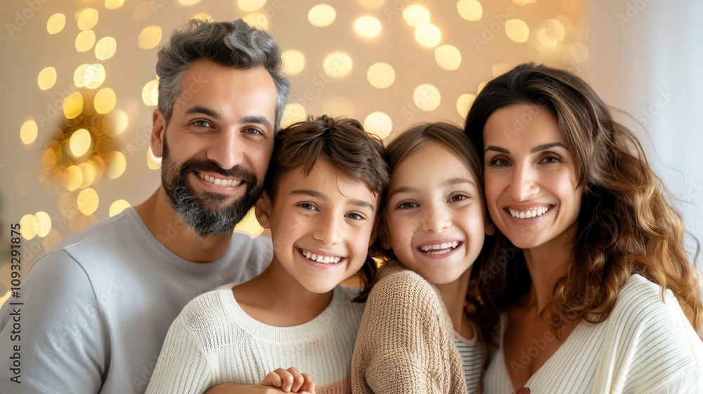 Obraz premium A cheerful family of four, including parents and two children, smiling together in a festive atmosphere with glowing lights behind them.