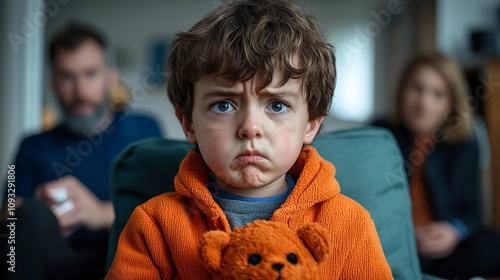 Concerned young boy with brown hair holding a teddy bear in a cozy home setting, parents appear worried in the background.