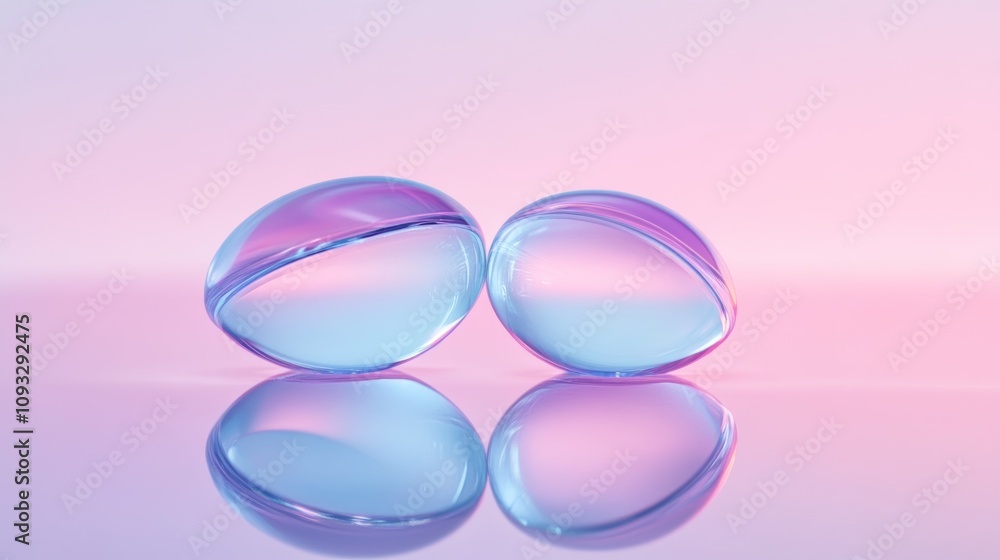 Obraz premium Serene Reflections: Two iridescent glass orbs mirroring on a pastel surface.