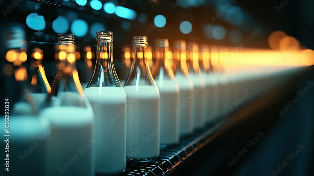 A row of glass bottles filled with milk, illuminated by soft lighting, showcasing a production line in a dairy facility. A row of glass bottles filled with milk, illuminated by soft lighting, showcasing a production line in a dairy facility.