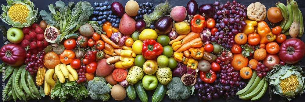 Colorful Abundance of Fresh Fruits and Vegetables Artfully Displayed on a Dark Background, Showcasing Nature's Bounty and the Beauty of Healthy Eating Colorful Abundance of Fresh Fruits and Vegetables Artfully Displayed on a Dark Background, Showcasing Nature's Bounty and the Beauty of Healthy Eating