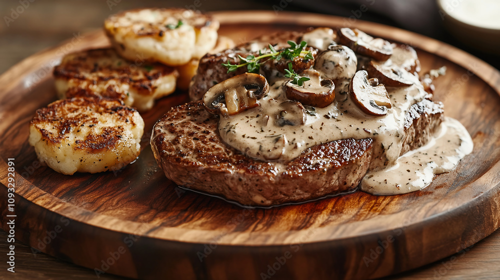 steaks with mushroom cream sauce, A mouthwatering photograph of classic beef steaks with mushroom sauce and potato cakes, presented on an elegant wooden plate. steaks with mushroom cream sauce, A mouthwatering photograph of classic beef steaks with mushroom sauce and potato cakes, presented on an elegant wooden plate.