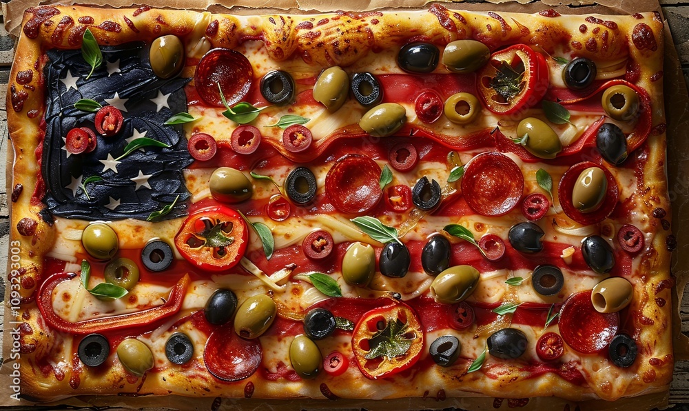 A whimsical representation of the US flag is crafted entirely from pizza ingredients, showcasing red peppers for stripes and mini pepperonis and olives as stars A whimsical representation of the US flag is crafted entirely from pizza ingredients, showcasing red peppers for stripes and mini pepperonis and olives as stars