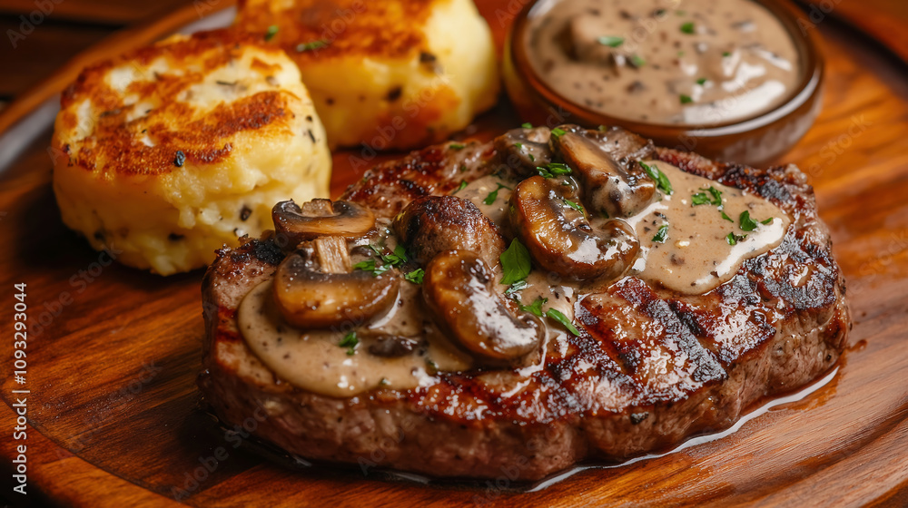 steaks with mushroom cream sauce, A mouthwatering photograph of classic beef steaks with mushroom sauce and potato cakes, presented on an elegant wooden plate. steaks with mushroom cream sauce, A mouthwatering photograph of classic beef steaks with mushroom sauce and potato cakes, presented on an elegant wooden plate.