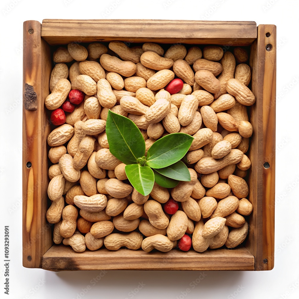 Obraz premium peanuts in wooden box top view on a white background, nuts isolated, wellness organic natural food, vegetarian product for healthy lifestyle