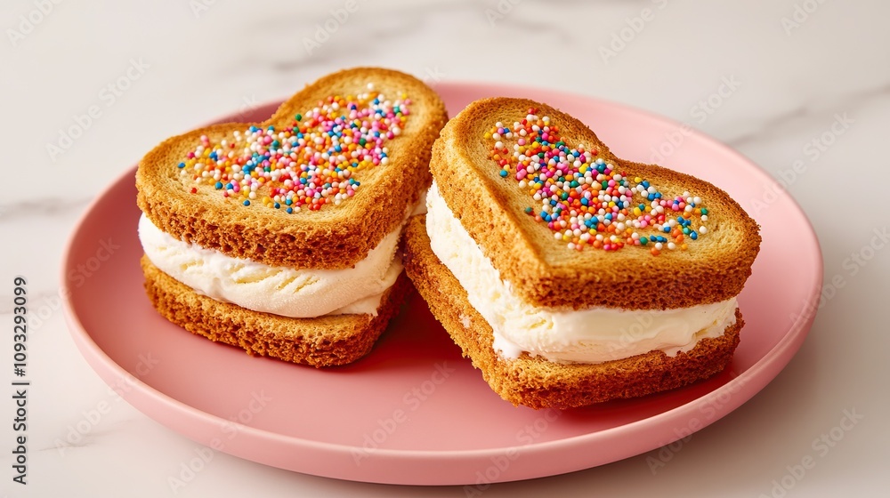 Heart-shaped ice cream sandwiches with colorful sprinkles on a pink plate, perfect for celebrations or sweet treats. Heart-shaped ice cream sandwiches with colorful sprinkles on a pink plate, perfect for celebrations or sweet treats.