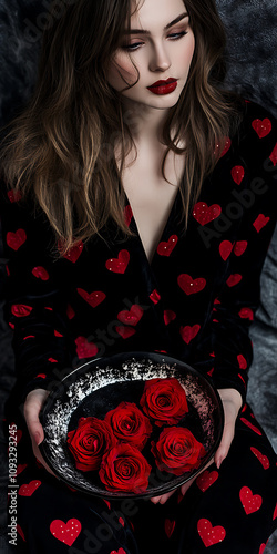 Cozy Valentine's morning concept withmodel in heart-patterned pajamas, holdingtray of breakfast and roses, printspace ,Moody, dark lighting, deep shadows, with selective color highlighting photo