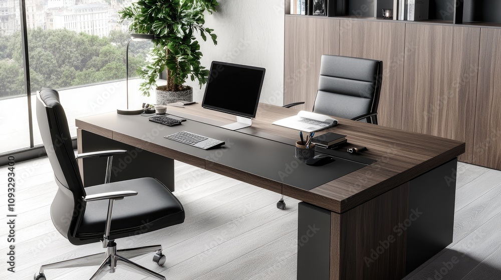 Modern Office Workspace with Sleek Furniture Design, Large Windows, and Professional Atmosphere for Creative and Productive Work Environments Modern Office Workspace with Sleek Furniture Design, Large Windows, and Professional Atmosphere for Creative and Productive Work Environments