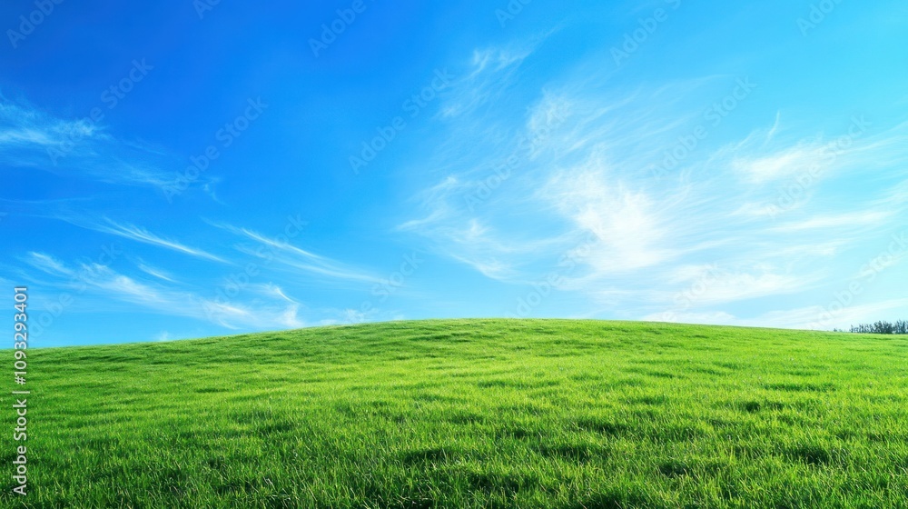 Serene landscape of a green grassy field with a bright blue sky Serene landscape of a green grassy field with a bright blue sky