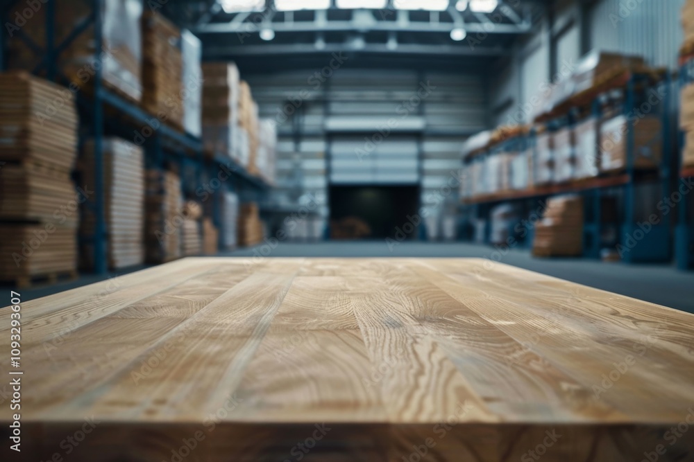 Wood table in warehouse storage with blurred background Wood table in warehouse storage with blurred background