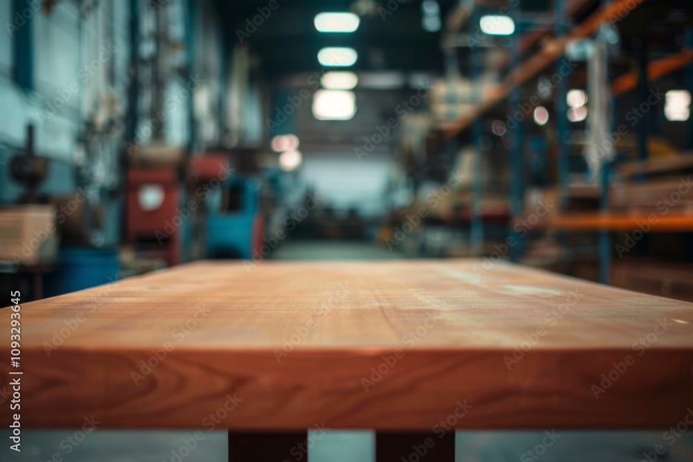 Wood table in warehouse storage with blurred background Wood table in warehouse storage with blurred background