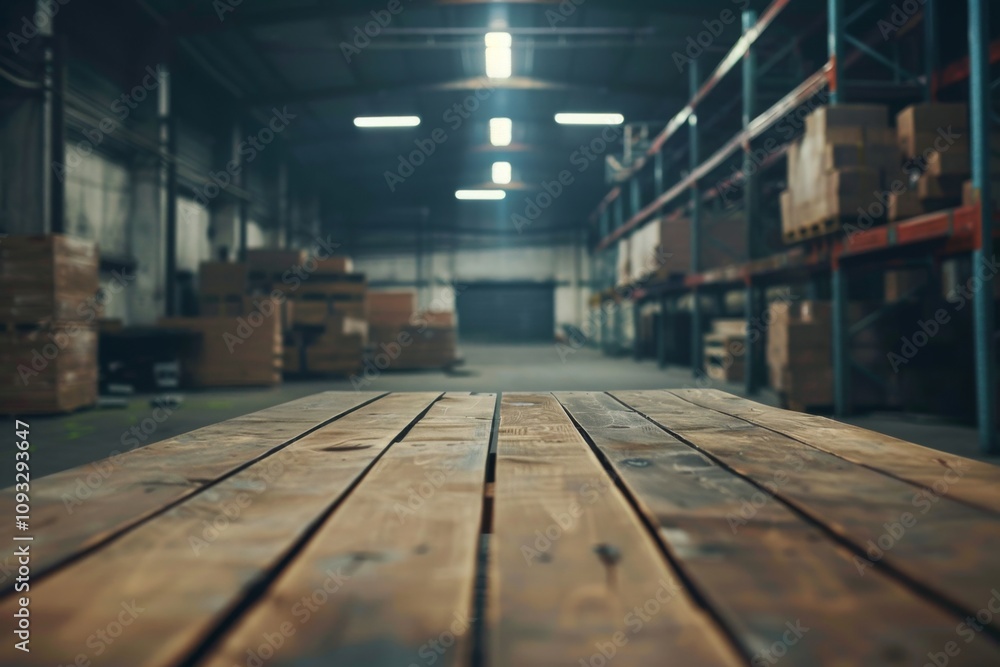 Wood table in warehouse storage with blurred background Wood table in warehouse storage with blurred background