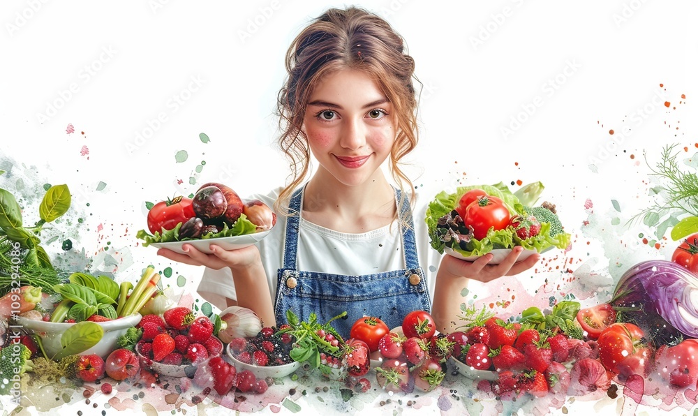 In a lively traditional market, a woman beams with excitement while holding a sausage, surrounded by vibrant ingredients and fresh produce. The colorful scene captures her joy in culinary exploration In a lively traditional market, a woman beams with excitement while holding a sausage, surrounded by vibrant ingredients and fresh produce. The colorful scene captures her joy in culinary exploration