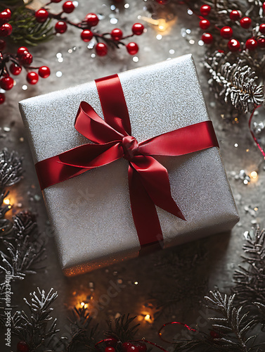 A chic holiday gift box tied withribbon, surrounded by glitter and festive sprigs of holly, printspace ,Cinematic lighting, dramatic shadows, wide-angle lens photo