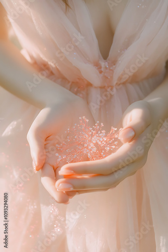 Close-up ofwoman's hands with elegant nail art holdingglittering snowflake ornament, printspace ,Soft pastel color palette, dreamy lighting, ethereal glow photo