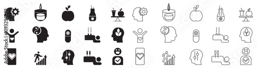 Wellness and relaxation icon set featuring health, exercise, yoga, spa, diet, and wellbeing