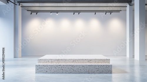 Minimalist gallery interior with terrazzo platform and spotlight