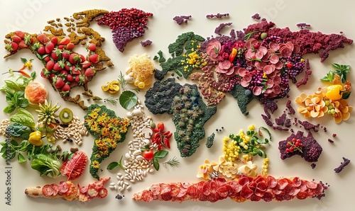 A creative culinary representation showcases a world map made from various pizza toppings photo