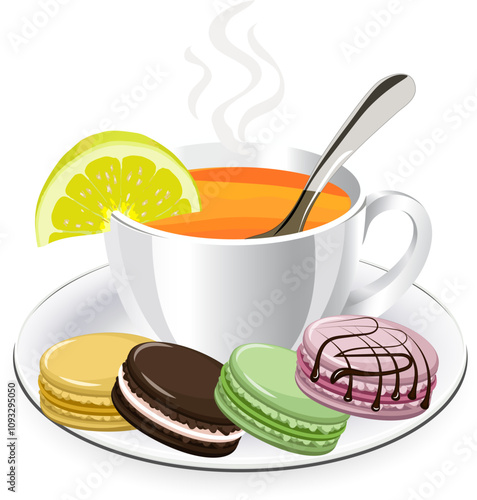 Macarons and a cup of tea.Colored vector illustration with macaroons, a cup of tea and lemon on a transparent background.
